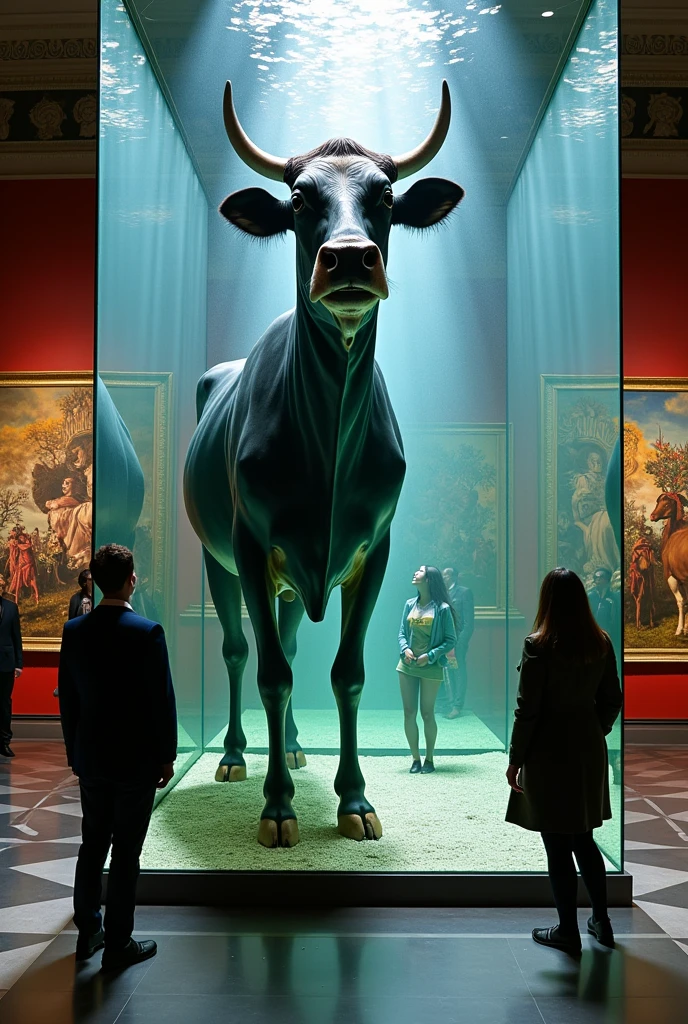 British art、Museum、Museum、exhibition、exhibition、Inorganic、Contemporary art、Satire、Silhouette of a cow、mural、Street art、shadow、Saturation、Saturator、(masterpiece:1.2)、of the highest quality、epic scale、realist、realist、huge case、aquarium、Art displayed inside a waterless aquarium、detailed decoration、(It operates with a score of 0 on the Seaart rating system)、Fragmented theme、trick art、Weight、space、space的、Gravity、Attainable work of art、Using things that exist in our daily lives as a motif、collage、Photo montage、sf,4k, Details, masterpiece