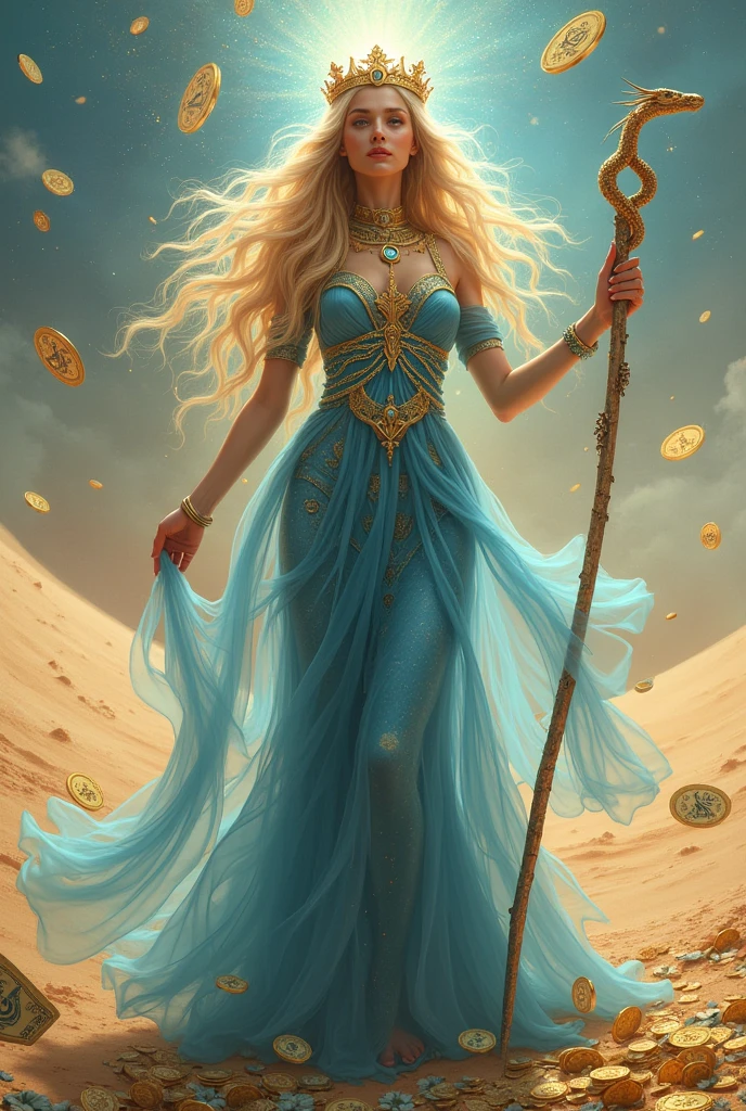 Infinity woman with blonde hair, blue dress and crown on her head with a snake-shaped staff in the desert full of coins and money bills 