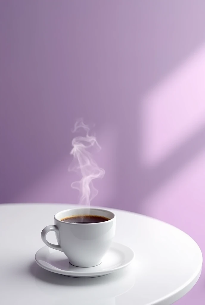a cup of cofee in a white table and a violet background