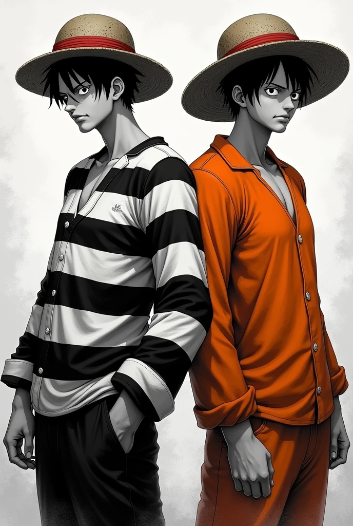 Monkey D. Luffy in a black and white striped long-sleeved prison uniform and Monkey D. .... Luffy in orange long-sleeved prison uniform