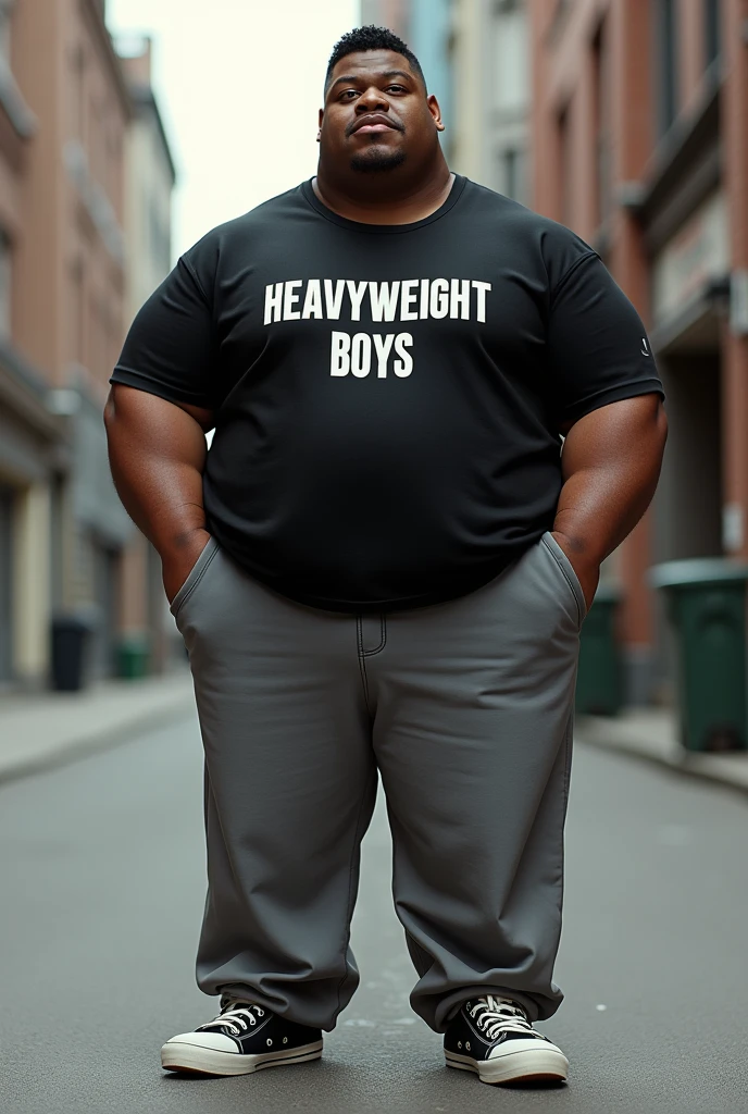 Fat Albert in his 20's wearing Gray and black blended baggy pants and black shirt saying heavyweight boys on it