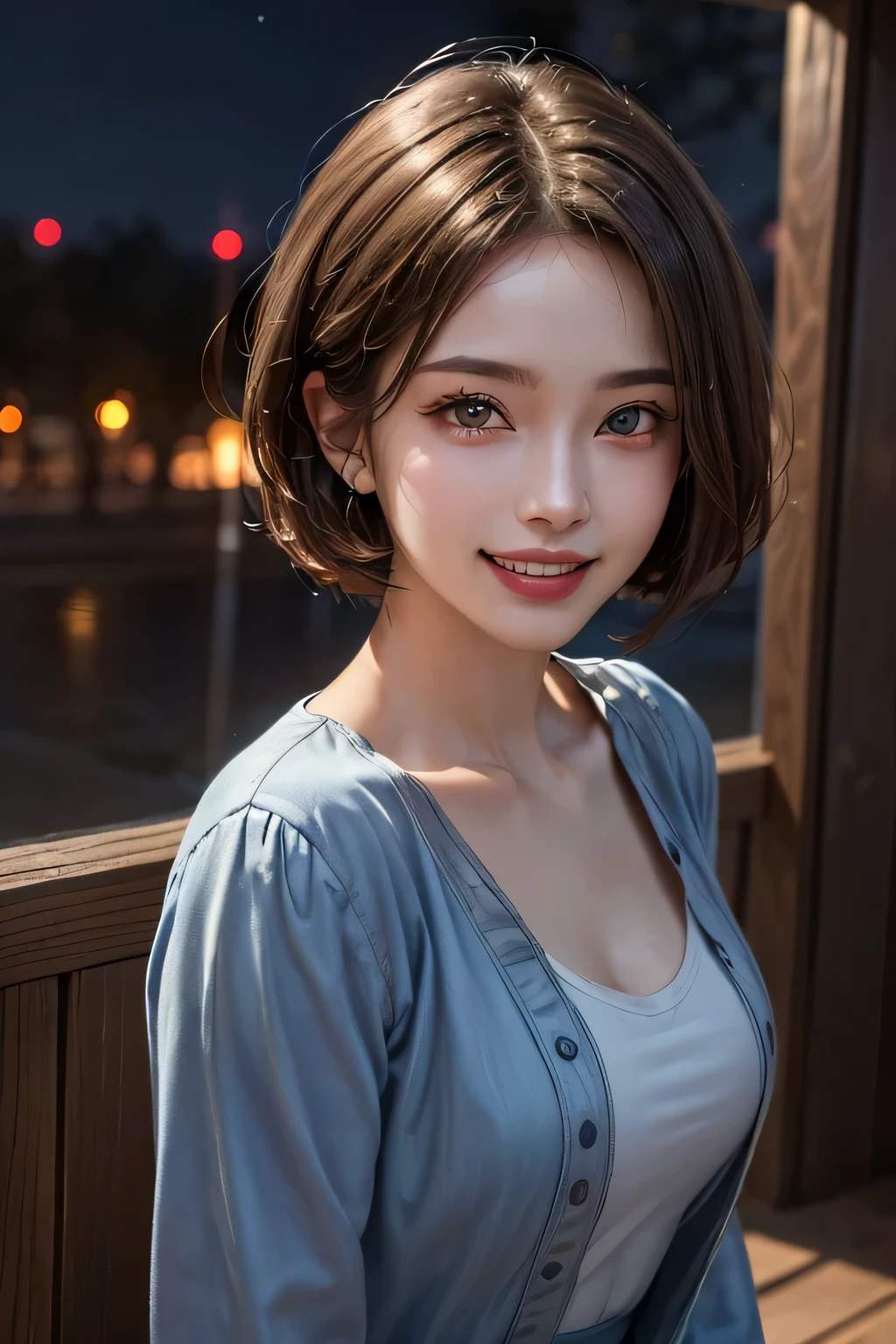 (highest quality, 8k, 32K, masterpiece), (Realistic), (Realistic:1.2), (High resolution), (night:1.7), Japan, cyber punk, 街の景Farbe, In front of the window,Wooden floor, Blue jacket, Grey Shirt, clavicle, jewelry, gem, Brunette Bob, 1 female, 4, (Grin), Beautiful body, beautifulNose, beautifulcharacter design, Perfect Eyes, perfectface, Expressive eyes, View your viewers, Center the image, (Cowboy Shot), Official Art, Very detailed CG Unity 8k wallpaper, Perfect lighting,Farbeful, bright_front_face_Lighting,Glowing Skin, (masterpiece:1.0),(Highest_quality:1.0), 超High resolution,4K,Very detailed, photograph, 8k, High resolution, High resolution, absurdes:1.2, Kodak Port 400, Film Grain, Blurred Background, bokeh:1.2, Lens flare, (Vibrant_Farbe:1.2) (beautiful,chest), (beautiful_face:1.5),(narrow_Waist)