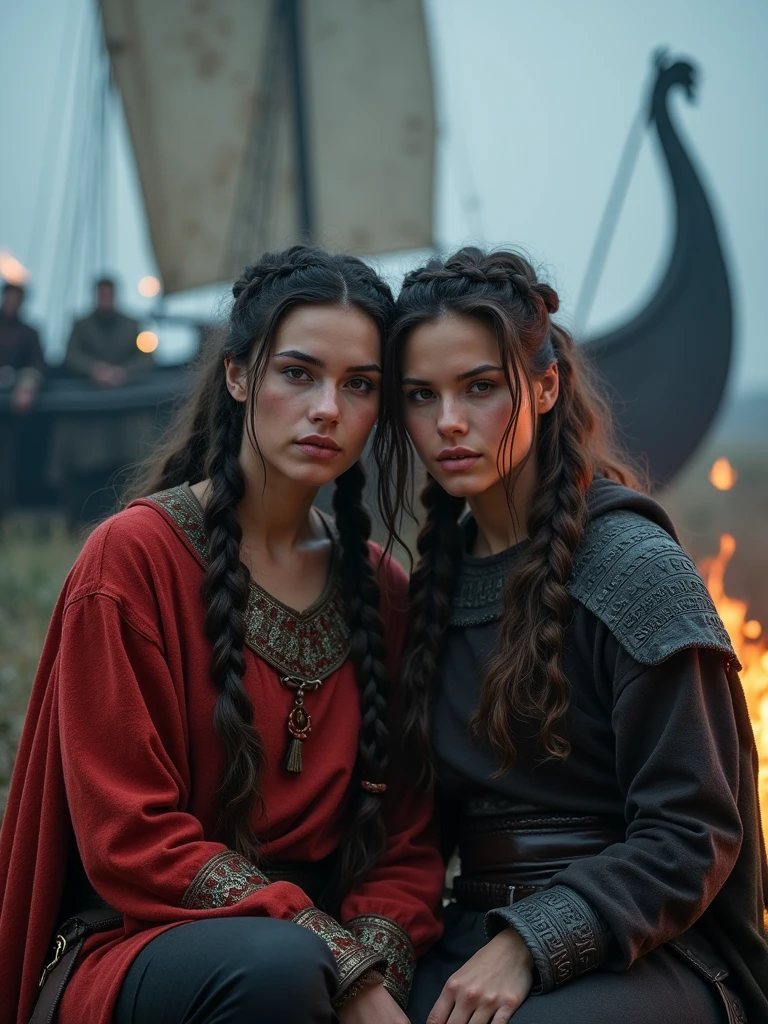 Two Viking warrior women sit closely together, sharing a fierce yet warm smile. One has long, wavy hair adorned with delicate braids and wears a bright red wool tunic with intricate embroidery along the hems, layered over a dark leather bodice. Her outfit is complemented by a fur-lined cloak draped over her shoulders, and a belt holding a small pouch and a sheathed dagger. The other has short, straight hair with rugged strands swept by the wind, and is dressed in a dark leather shirt engraved with runes, covered by a chainmail vest. She wears a pair of fitted wool trousers tucked into sturdy leather boots, with iron greaves on her shins for added protection. A leather strap crosses her chest, holding a small round shield on her back. They are in a dimly lit camp, illuminated by the flickering flames of a campfire and the glow of sentry torches. In the background, the imposing silhouette of a longship looms, ready for battle. The atmosphere is both warm and mysterious, while their expressions reflect the camaraderie and shared strength of warriors ready to face any danger together.