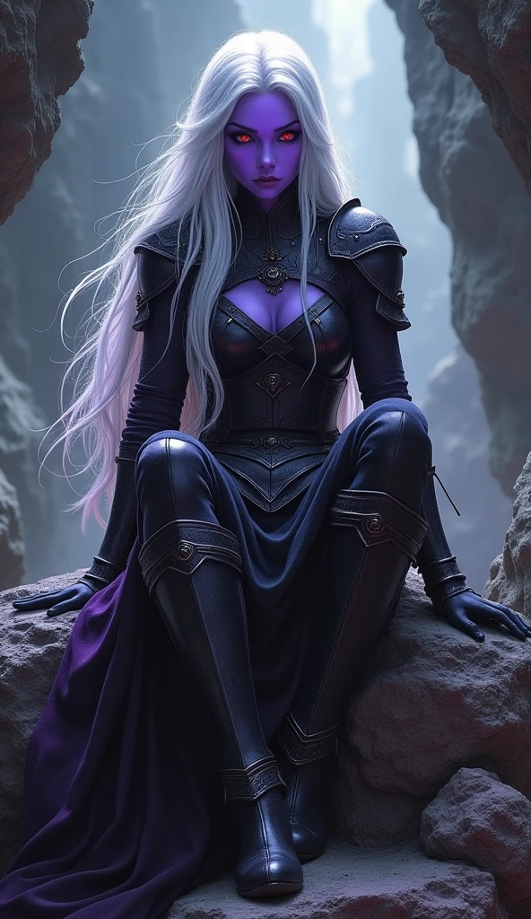 Drow female from baldur's gate, best quality, ultra-detailed CG unity 8k wallpaper, sitting on a boulder, high resolution, dynamic pose, beautiful face, (dark platemail armor, red eyes), depth of field, underdark setting, magic light), (high fantasy) (white Hair, long flowing hair), deep purple skin