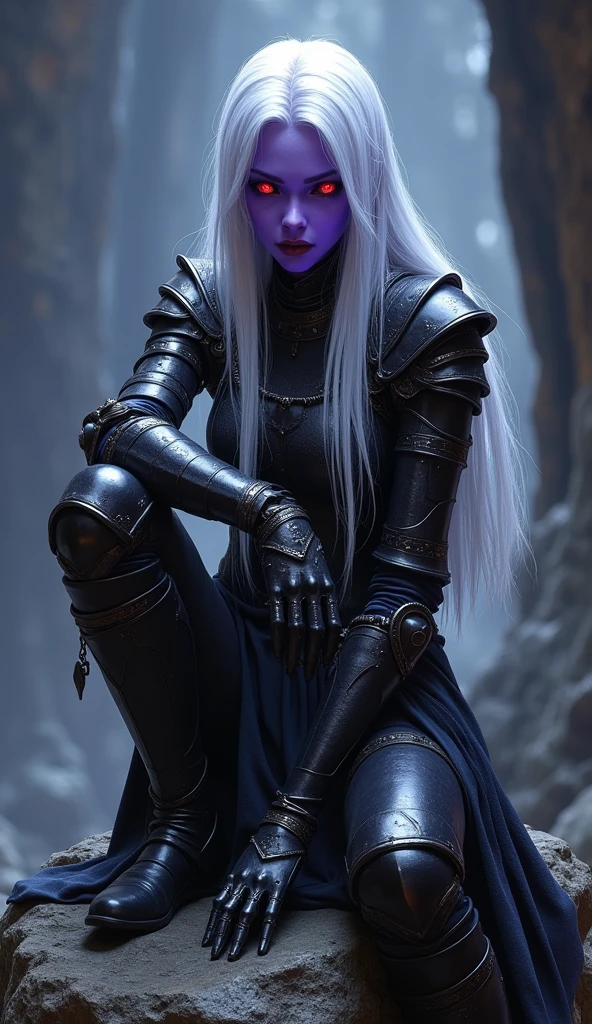Drow female from baldur's gate, best quality, ultra-detailed CG unity 8k wallpaper, sitting on a boulder, high resolution, dynamic pose, beautiful face, (dark platemail armor, red eyes), depth of field, underdark setting, magic light), (high fantasy) (white Hair, long flowing hair), deep purple skin