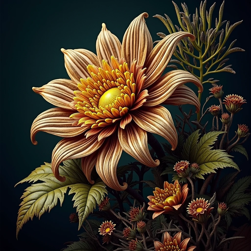 a flower in bloom.((corruption,entropy,decay,resilient, toxic)),((dark green,rusted brown, yellow greenish)),((deep wiew)),photographic,ultra high resolution,hyperdetailed, masterpiece, 3d modelling, digital art.