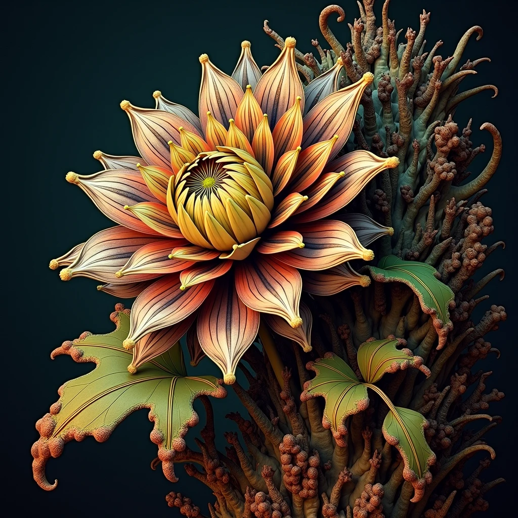 a flower in bloom.((corruption,entropy,decay,resilient, toxic)),((dark green,rusted brown, yellow greenish)),((deep wiew)),photographic,ultra high resolution,hyperdetailed, masterpiece, 3d modelling, digital art.