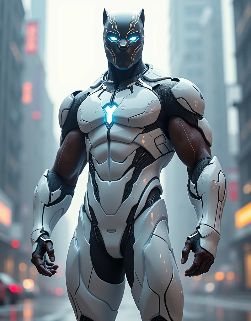 Black panther superhero wearing a iron man futuristic white Armor suit