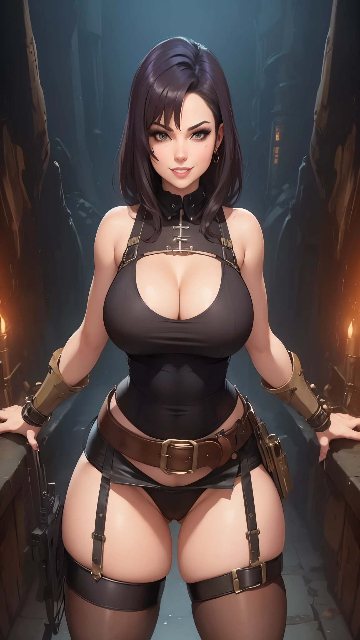 ((curvy thick)), steampunk diva, leather harness, ((shirt, mini skirt, bionic arms)), aviator goggles, darker catacombs, face detailing, semi grin, strong stance