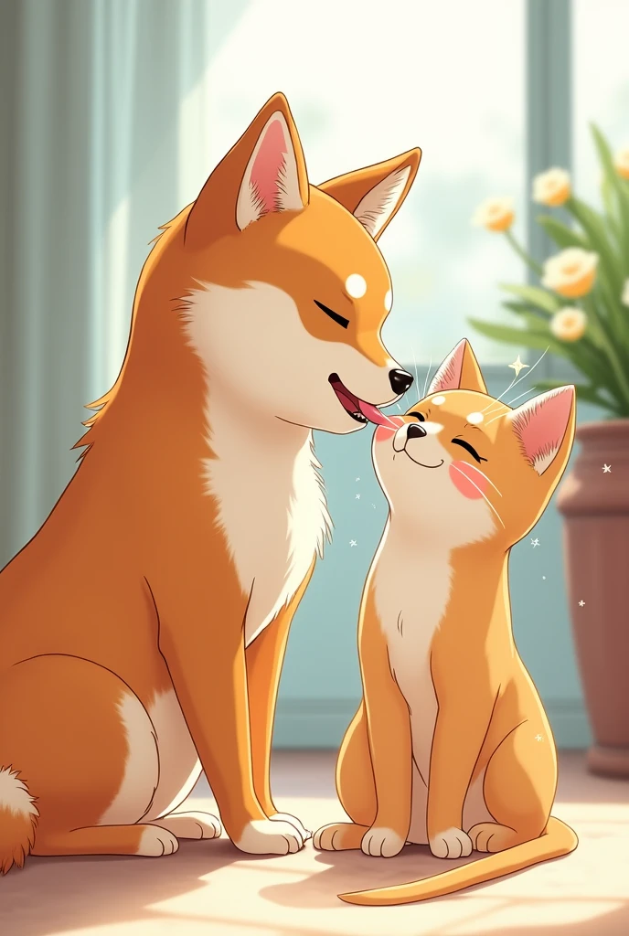 shiba inu licking a cat, anime style