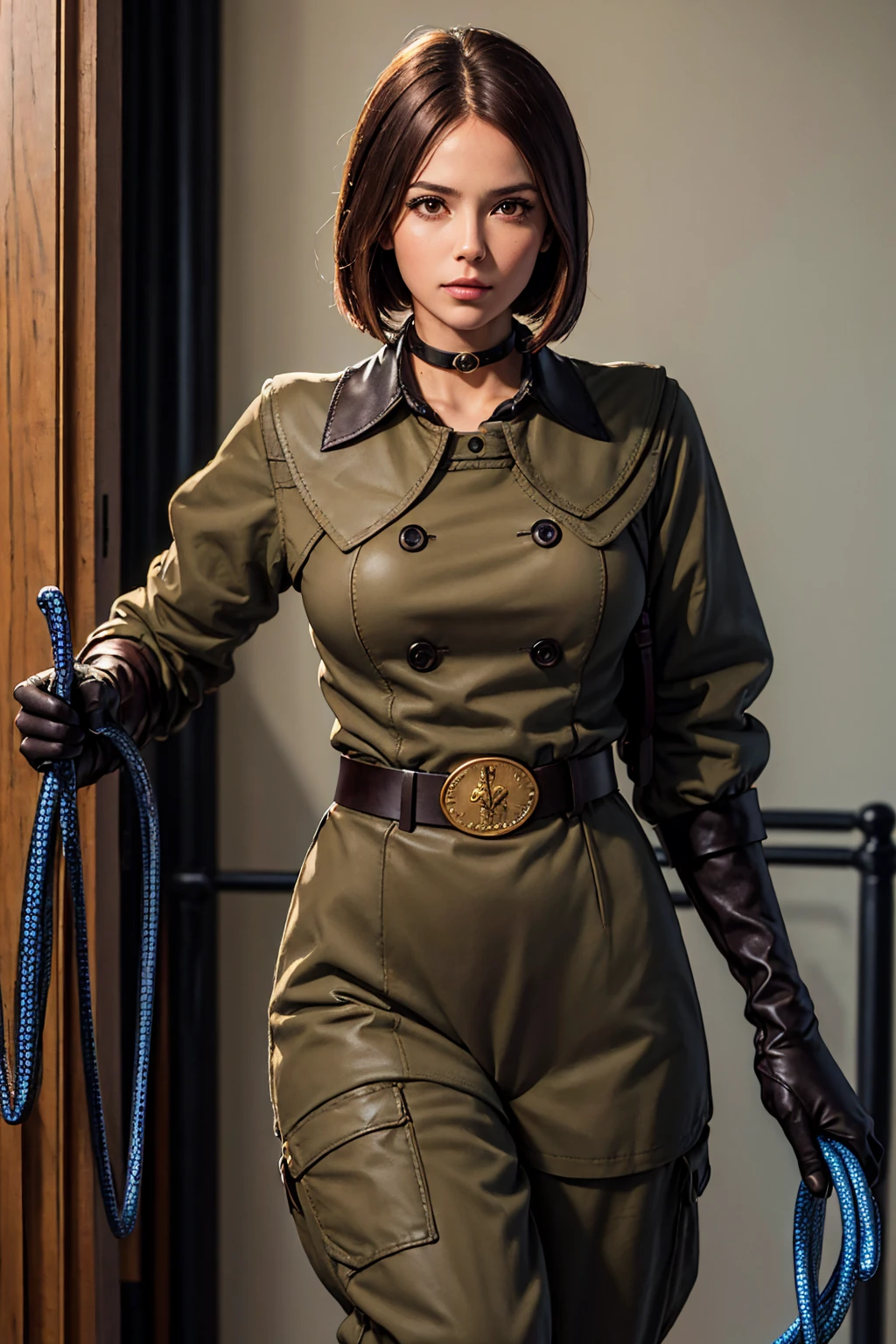 WHIPMS, GLOVES, UNIFORM, MILITARY, MILITARY UNIFORM, BELT, CHOKER, PANTS, WHIP, HALF BODY, (BEST IMAGE QUALITY,HIGHEST QUALITY,HIGHT RESOLUTION, ULTRA-REALISTIC IMAGES,VERY DETAILED, MASTERPIECE,8k), ONE WOMAN, WHIPPING,BROWN MEDIUM HAIR, LEATHER GLOVES, LEATHER BOOTS, (WITH A BLUE WHIP), BREASTS, DETAILED FACE, SOLO, LOOKING AT VIEWER