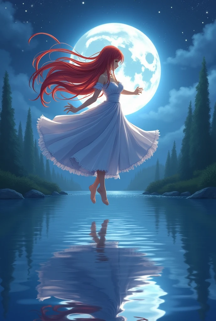 Long hair ginger anime woman with dress dancin above water with the moon reflictin in it