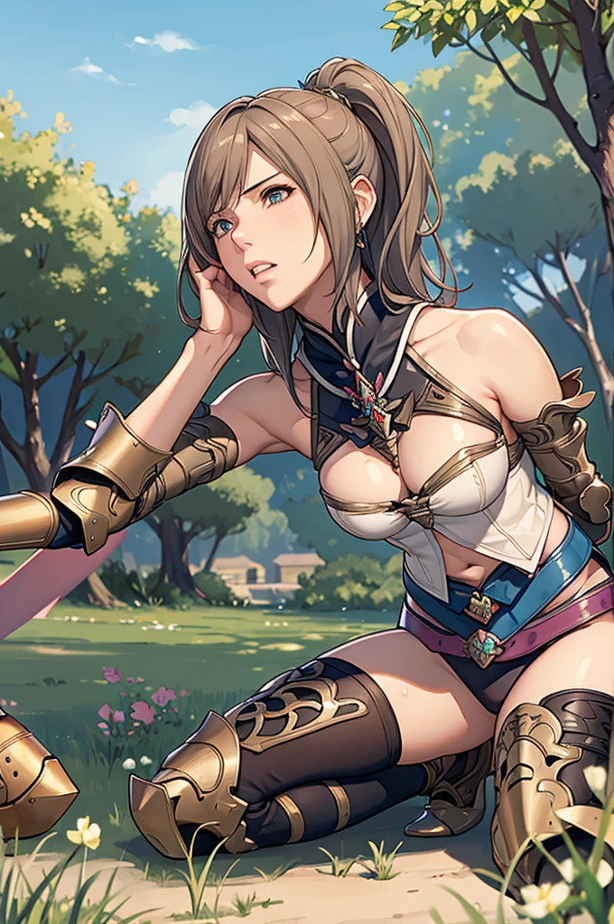 One Girl,1,{{Asheria:1.4}},{{Final Fantasy 12}}, Brown Hair,Long Hair, ponytail,Silk Armor,Earrings,{Asheriaのコスチューム:1.4}, Excellent anatomy, masterpiece, Highest quality,Realistic, hyperRealistic, 16k hdr,Cleavage,damaged armor,Sweat,Beautiful Face,Frustrated expression、Grit your teeth、Mature adult woman,Torn Costume:1.2,{{Hands tied behind back,blush,weak々Kneeling deeply,Spread your legs,Surrender:1.3}}, Fantasy World,Outdoor,village,blue sky,(Surrounded by many violent goblins:1.3),From below,Oda Non style,