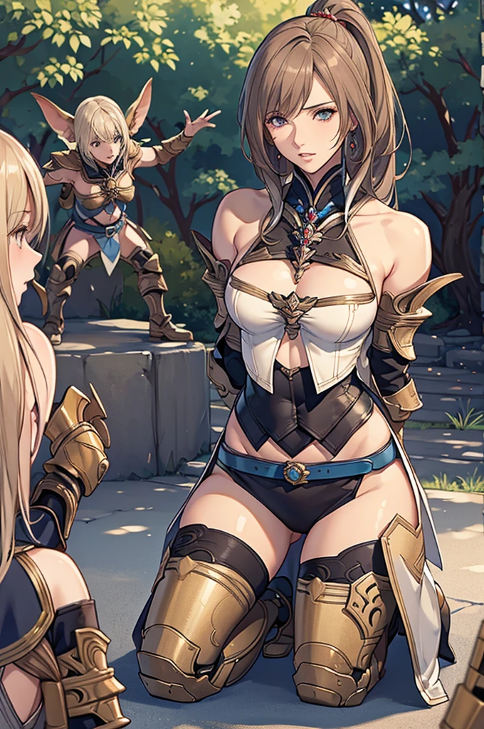 One Girl,1,{{Asheria:1.4}},{{Final Fantasy 12}}, Brown Hair,Long Hair, ponytail,Silk Armor,Earrings,{Asheriaのコスチューム:1.4}, Excellent anatomy, masterpiece, Highest quality,Realistic, hyperRealistic, 16k hdr,Cleavage,damaged armor,Sweat,Beautiful Face,Frustrated expression、Grit your teeth、Mature adult woman,Torn Costume:1.2,{{Hands tied behind back,blush,weak々Kneeling deeply,Spread your legs,Surrender:1.3}}, Fantasy World,Outdoor,village,blue sky,(Surrounded by many violent goblins:1.3),From below,Oda Non style,