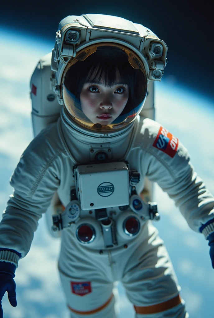 (wide lens effect), (outer space), astronaut, extravehicular activity, EVA, weightlessness, zero gravity, spacewalk,
(Cute Japanese girl , 20-year-old), large breasts, bubble helmet
(dramatic lighting), cinematic lighting,