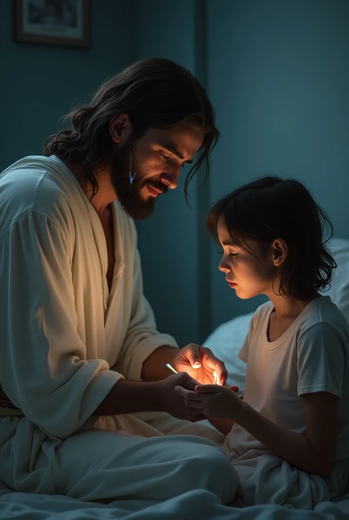 JESUS with a look of compassion and tears falling down his face next to someone who is sitting on his bed with his cell phone playing 
