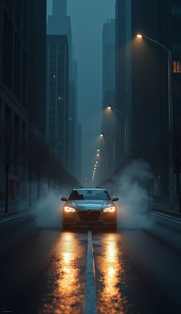 Car driving on empty street in the middle of the night