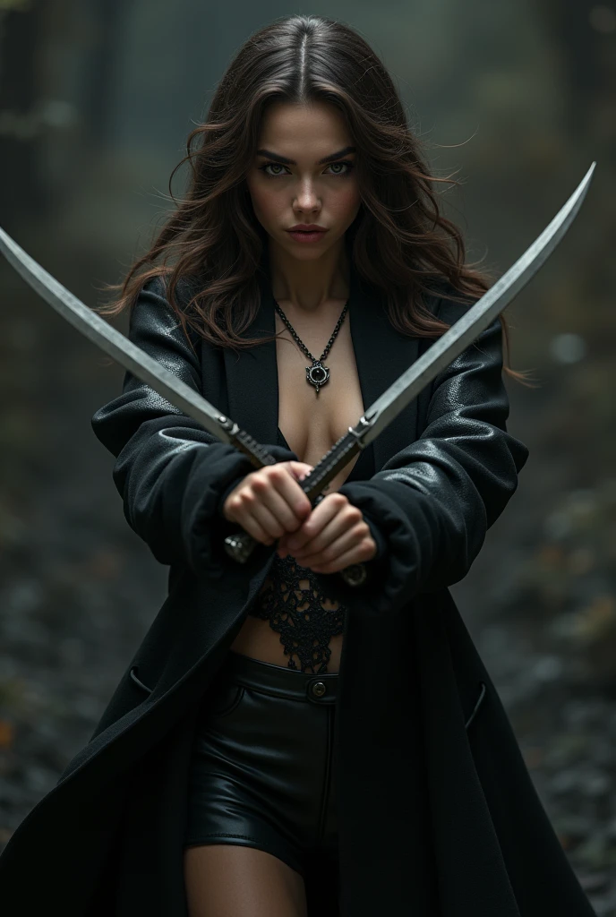 Girl with long wavy brunette hair wearing black necklace, black long jacket and black boots while holding short daggers with both hands