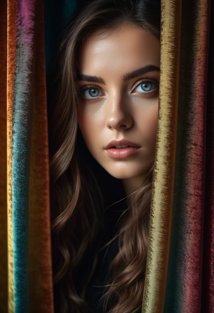 RAW photo, beautiful eyes, masterpiece, peeking out from behind the curtains, colorful details, award-winning, high detail, 8 K, daylight, analog film, detailed skin, stunning composition, complex parts, subsurface scattering, velvet hair, amazing textures, cinematic, chiaroscuro, soft light