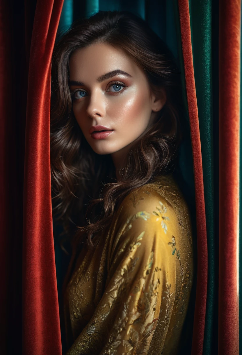 RAW photo, beautiful eyes, masterpiece, peeking out from behind the curtains, colorful details, award-winning, high detail, 8 K, daylight, analog film, detailed skin, stunning composition, complex parts, subsurface scattering, velvet hair, amazing textures, cinematic, chiaroscuro, soft light