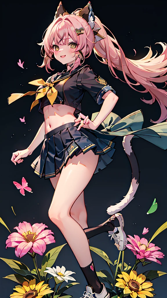 realistic image,  detailed image, 1 cute girl, has pale ash pink hair sticking out in strands and brown eyes, Part of her hair is tied in a high ponytail. She wears a pink cat ear type accessory decorated with gold and flowers. Her hair has several yellow and brown hairpins, as well as a flower-shaped clip to the right of her hair. Hers is a delicate oval face, Distinct facial features, blushing, smiling, she is wearing a crop top, pleated mini skirt, long stockings, sports shoes, medium breasts, smart body, shy pose, black background, student uniform style, 8K, masterpeace