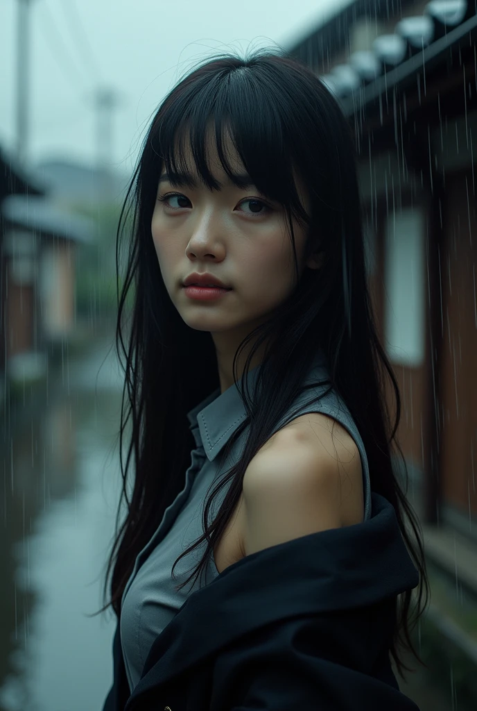 Best quality, masterpiece, ultra high res, (photorealistic:1.4), raw photo, girl, cinematic lighting, (japanese village, rain, dark clouds), single bare shoulder, ((collared shirt)), blazer, body shot, bangs, long hair