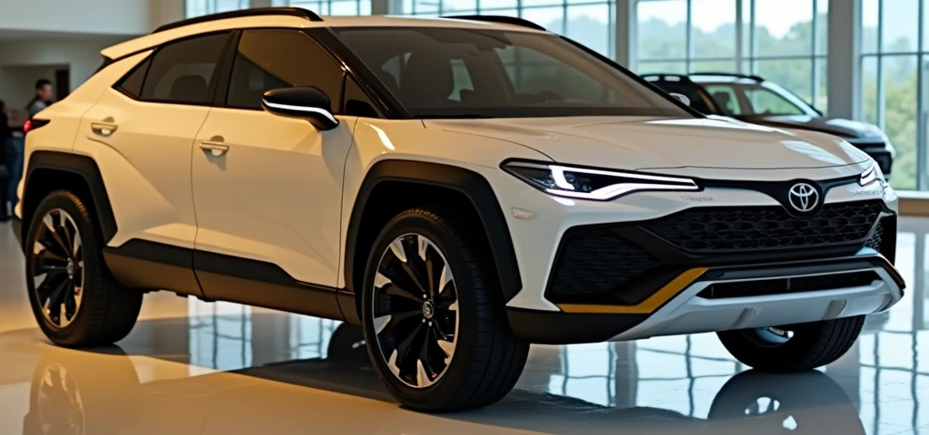 Make A 2025 Toyota Corolla Cross SUV  A Black Exterior And Parked In Dealership Showroom Night Day And Front View