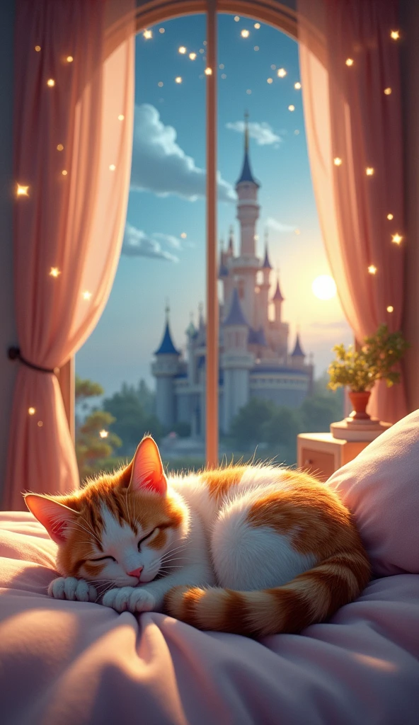 Highest quality, Bedroom、A cute calico cat is sleeping on a pillow,A room with a castle view from the window,High resolution, Back view, 短足Back view, moon,Star character design,