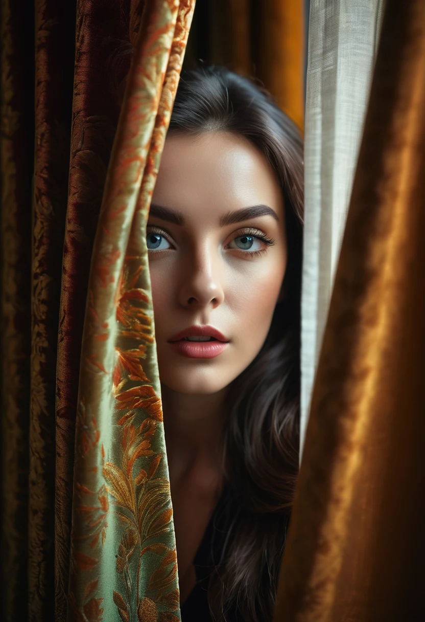 RAW photo, beautiful eyes, masterpiece, peeking out from behind the curtains, colorful details, award-winning, high detail, 8 K, daylight, analog film, detailed skin, stunning composition, complex parts, subsurface scattering, velvet hair, amazing textures, cinematic, chiaroscuro, soft light