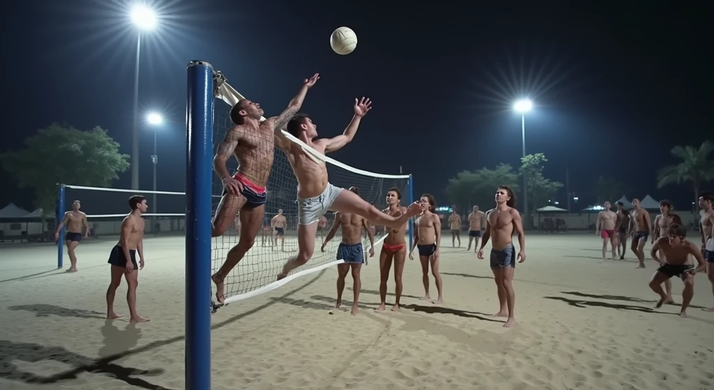 A high-quality, professional DSLR photo capturing a dynamic footvolley match taking place at night, with the players' movements frozen in time as they leap and stretch for the ball. The sand court is bathed in soft, ambient lighting from overhead floodlights, casting long shadows that enhance the action with exceptional clarity and detail.
