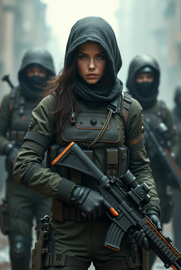 a group of female insurgents in a futuristic dystopian world, highly detailed military gear and weapons, intense facial expressions, dynamic poses, dramatic lighting, cinematic composition, gritty realistic style, dark color palette, masterpiece, high resolution, 8K