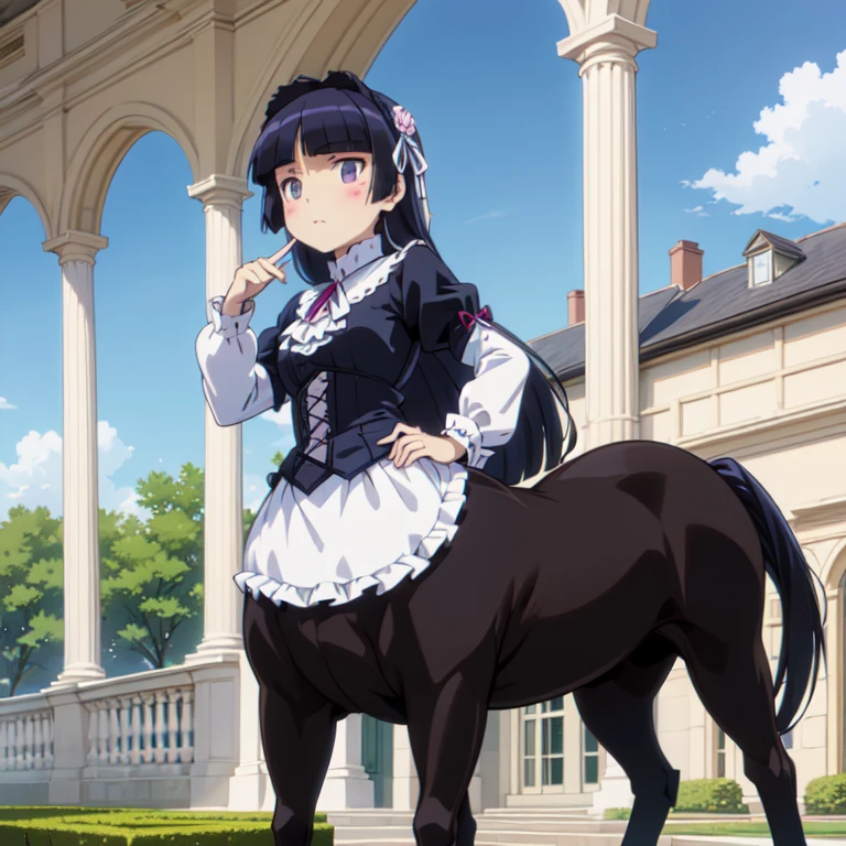 ((centaur)), (taur), (centauroid),  (ruri gokou), woman, alone, Hime cut, Long Hair, Gothic & Lolita Fashion, Lolita Fashion, hoof, palace、garden、blue sky、(white horse)