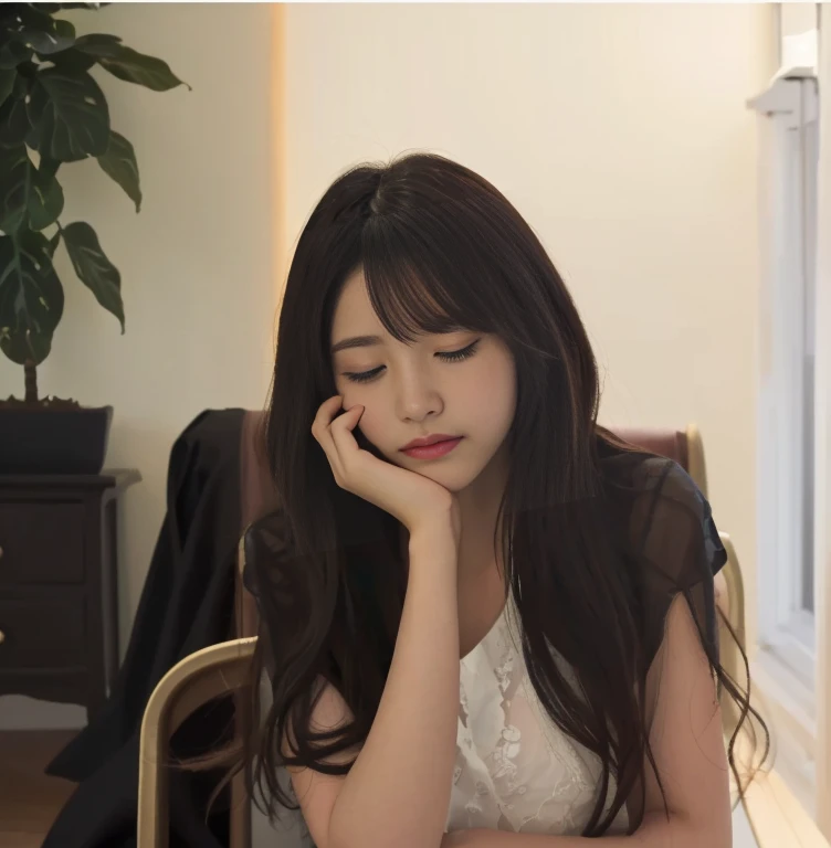 A woman leaning her elbows on the table, Inside the room, Warm lighting, long hair, There are houseplants, Sitting in a chair, Darken the room, Black dress, Close your eyes, ((Highest quality)), Blurry feeling, Profile photo, Highest quality, Out of focus, Cute decorations on the wall
