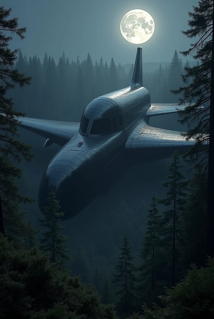 big black color aeroplane shaped mansion in the middle of the forest at night