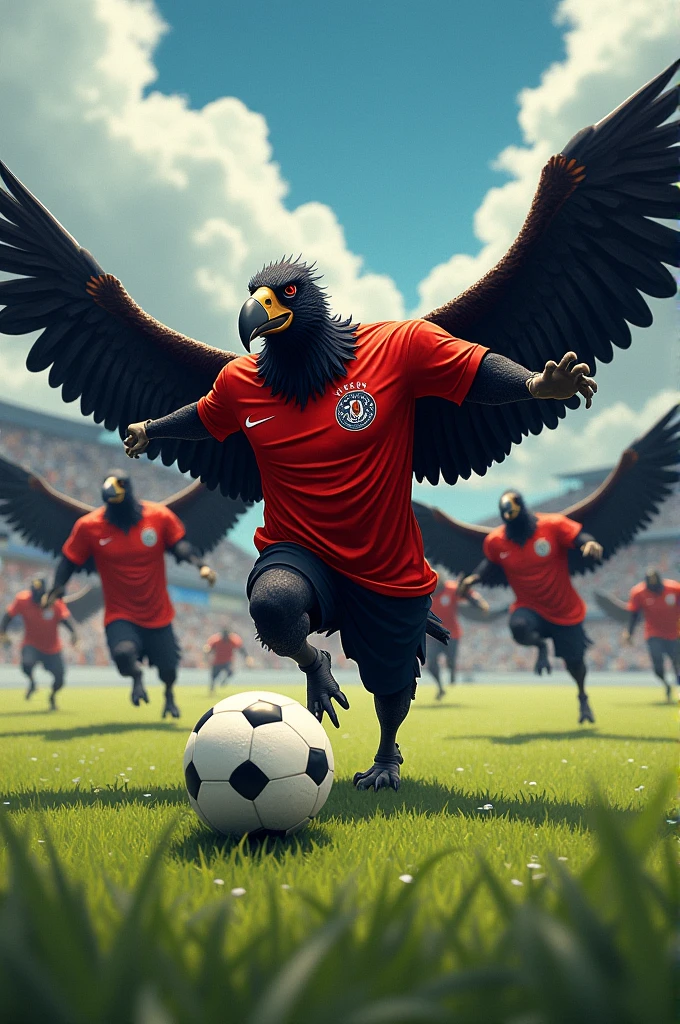 Create a flock of vultures playing football with Flamengo's shirt