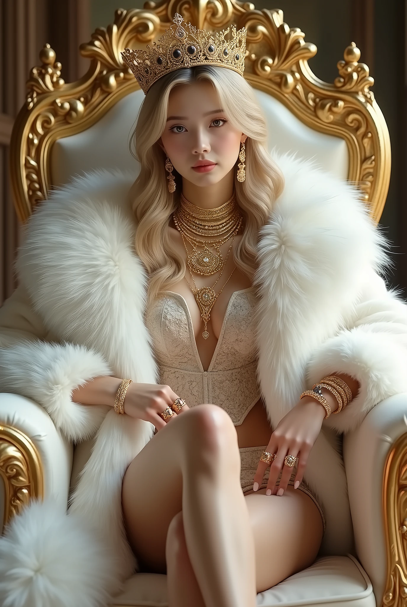 sexy young korean girl, korean, realistic, real,8k, clean, 18-year old girl with a blonde gorgeous hair, pale skin, her face is also very beautiful but and looks mature. sexy, She has a fit body. wearing huge white fur coat, big leopard fur hat, fur coat covering all the body, wearing big fluffy fur, sitting on golden throne on the fur mug, gold necklaces, alots of gold jewerly, white skin,princess cute, petting dog, gorgeous face, she has slim body, wearing huge white fur coat, many jewelry, alots of gold jewelry, every finger has golden rings, her sexy leg , she wearing fur slippers, holding a feather stick, fluffy feather stick, wearing huge crown, she has huge titties, she don't wear anything except fur coat, her fur cioat is too huge that it covers all the throne