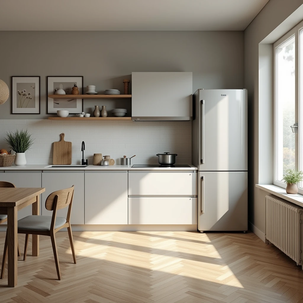 (Medium Shot), (Standard Lens)((telescope lens)) simple, The kitchen is not that big., ((Empty kitchen utensils)), Recently renovated, Wood-toned ceramic parquet flooring and soft grey walls, Felix Forest paintings, pexels, Hyperrealism, Scattered rooms, Vacant rooms