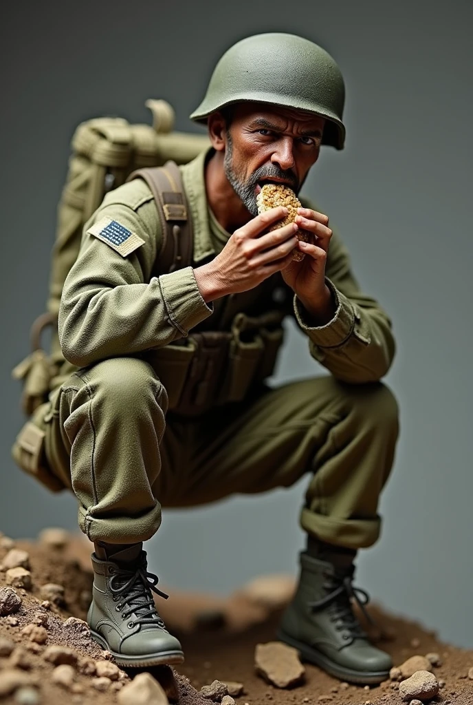 A plastic model of an American soldier eating
