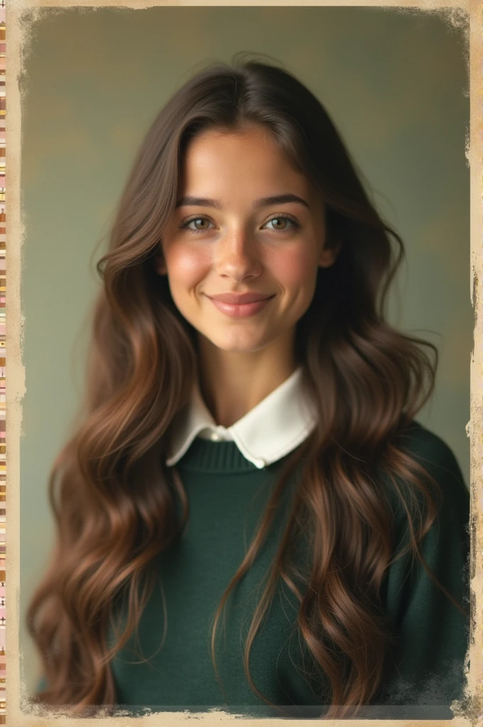 Very pretty beautiful girl with long brown hair in school uniform in a photo album photo from 90S time