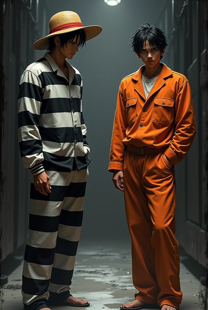 Monkey D. Luffy in a black and white striped long-sleeved prison uniform and Monkey D. .... Luffy in orange long-sleeved prison uniform with white flannel