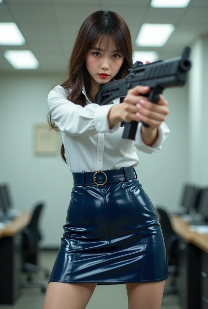 beautiful sweet big eyes office lady korean white shirt navy blue latex low mini skirt standing legs spread apart hip shoulder firing rifle gun toting force grip aiming side target full portrait
