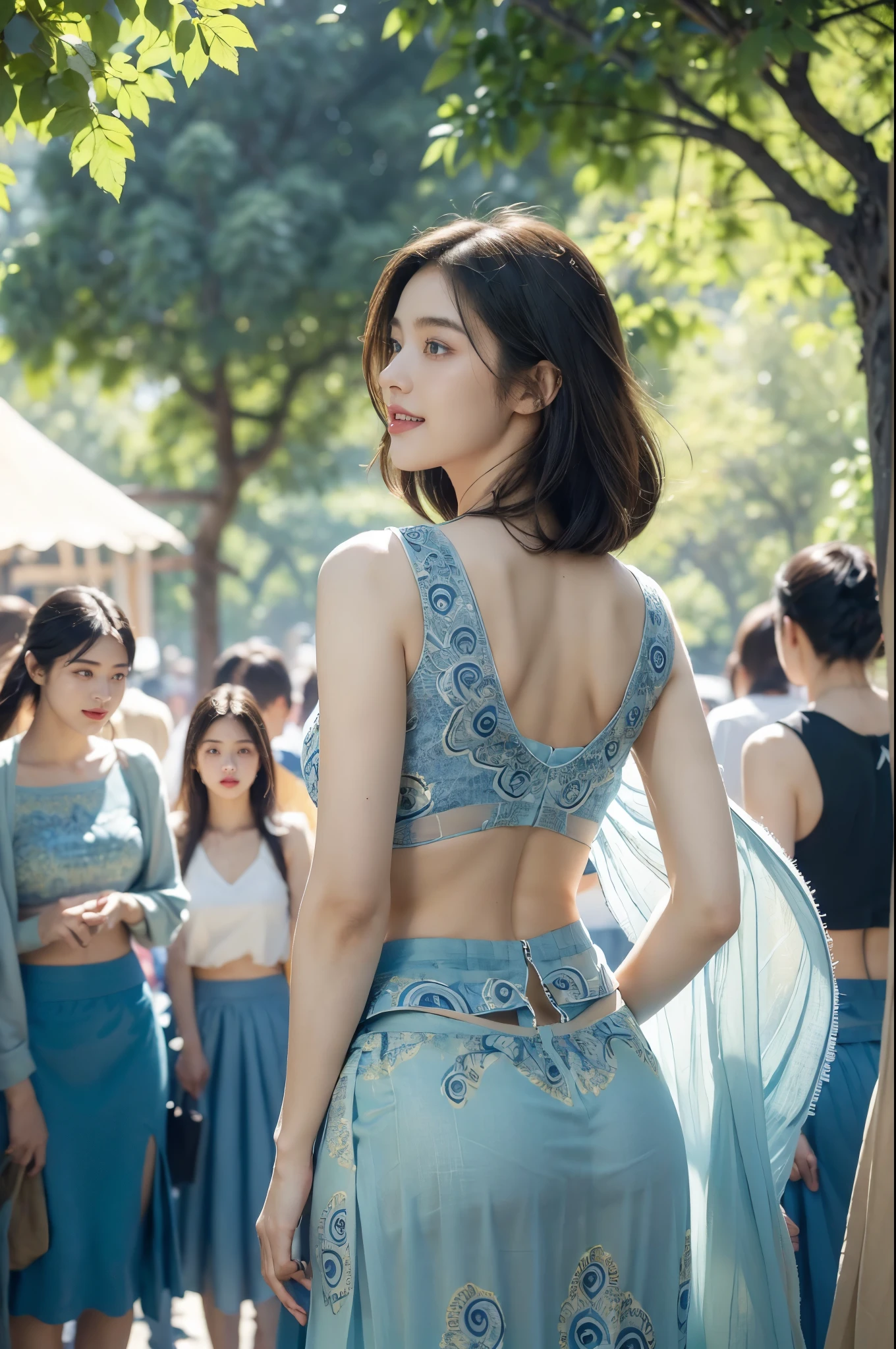 (((best quality))),(((ultra detailed))),(((masterpiece))),illustration,((1 beautiful girl,solo)),(shoulder-length straight bob hair:1.2),((slim,thin,graceful)),((bare back,towering hips,butt crack)),(summer afternoon:1.3),(at the schoolgate:1.3),bustling,(maxi flowing blue patterned sheer skirt:1.5),(standing:1.3),(bright sunlight:1.2),radiant,breezy,casual style,youthful vitality,delicate features,young people,students,chatting,laughing,vibrant energy,serene tranquility,vibrant rays of sun,captivating atmosphere,(surrounded by crowded crowds:1.3),((from back,upper body))