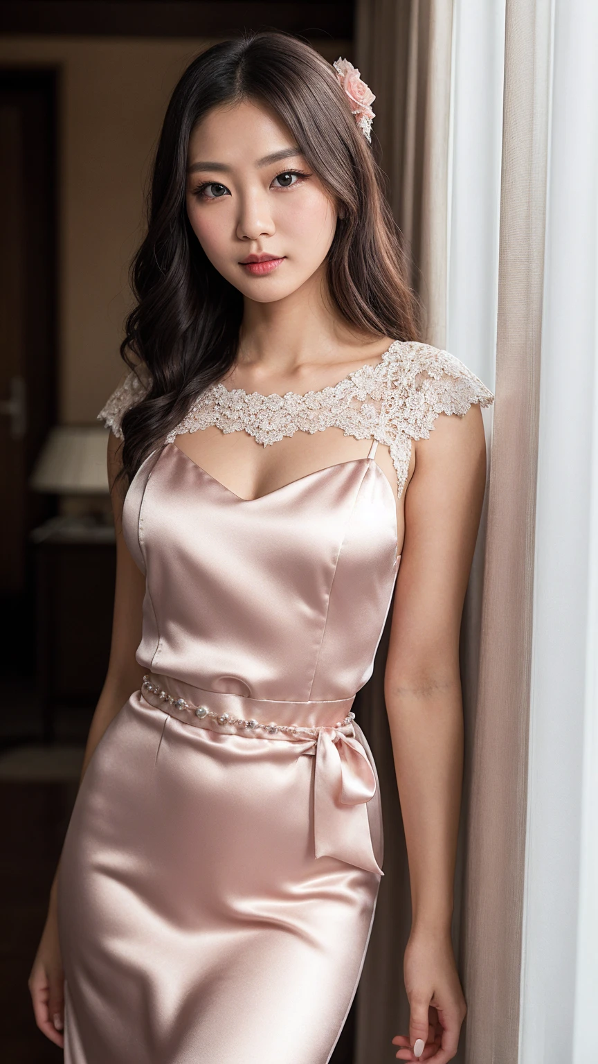 (8k、RAW Photos、top-quality、​masterpiece:1.2)、(realisitic、Photorealsitic:1.37)、1 girl、japanes、25-years old、femele、(deep in the night)、Moon Night、a room、cityscape visible from window、High-key lighting、Studio Lighting、face lights、(Angle from the front)、photon maping、Radio City、(full bodyesbian)、Dark brown hair、Detailed face、Detailed lips、detailedeyeore skin、double eyelid、A vintage-inspired A-line dress crafted from blush pink silk satin. The bodice features a delicate illusion neckline with embroidered floral lace that subtly transitions into a sweetheart neckline. The fitted waistline is cinched with a satin ribbon belt adorned with a small pearl-embellished bow. The skirt flows gracefully to mid-calf with soft, cascading pleats that add volume and movement. The dress is finished with cap sleeves made of the same floral lace and a hidden zip at the back for a seamless silhouette. Ideal for a romantic evening or a formal event.、smirking face、Make eye contact with the camera