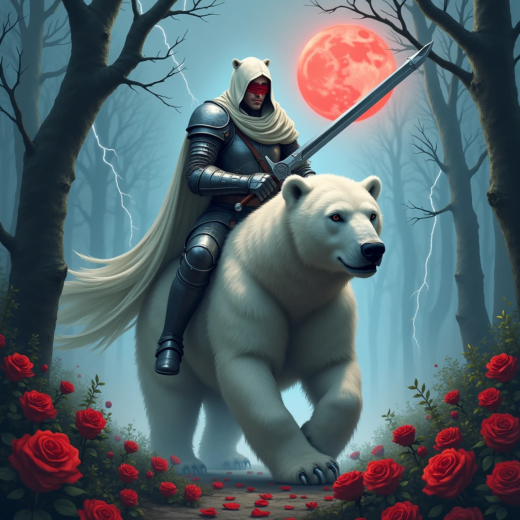 Male knight with a white hood with bear ears wielding a double edge sword is riding a polar bear in a forest while the moon shines, many Roses cover the ground and lightning falls from the sky. The polar bear has black eyes and an aggressive appearance. Only the man wears a red blindfold. In the background of the picture is the blood moon. The forest is full of trees with leaves.