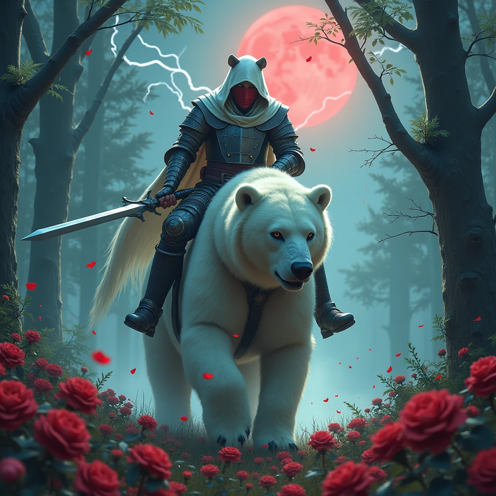Male knight with a white hood with bear ears wielding a double edge sword is riding a polar bear in a forest while the moon shines, many Roses cover the ground and lightning falls from the sky. The polar bear has black eyes and an aggressive appearance. Only the man wears a red blindfold. In the background of the picture is the blood moon. The forest is full of trees with leaves.