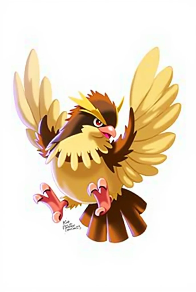 A close-up of a bird flying with a white rose in its beak, Pidgey, fearow, by Ken Sugimori, ken sugimori art, ophanim has bird wings, Ground-type Pokémon, birb, pokemon illustration, pokemon style, Alas plumosas, Inspired by Ken Sugimori, pokemon style lindo, huge feathery wings