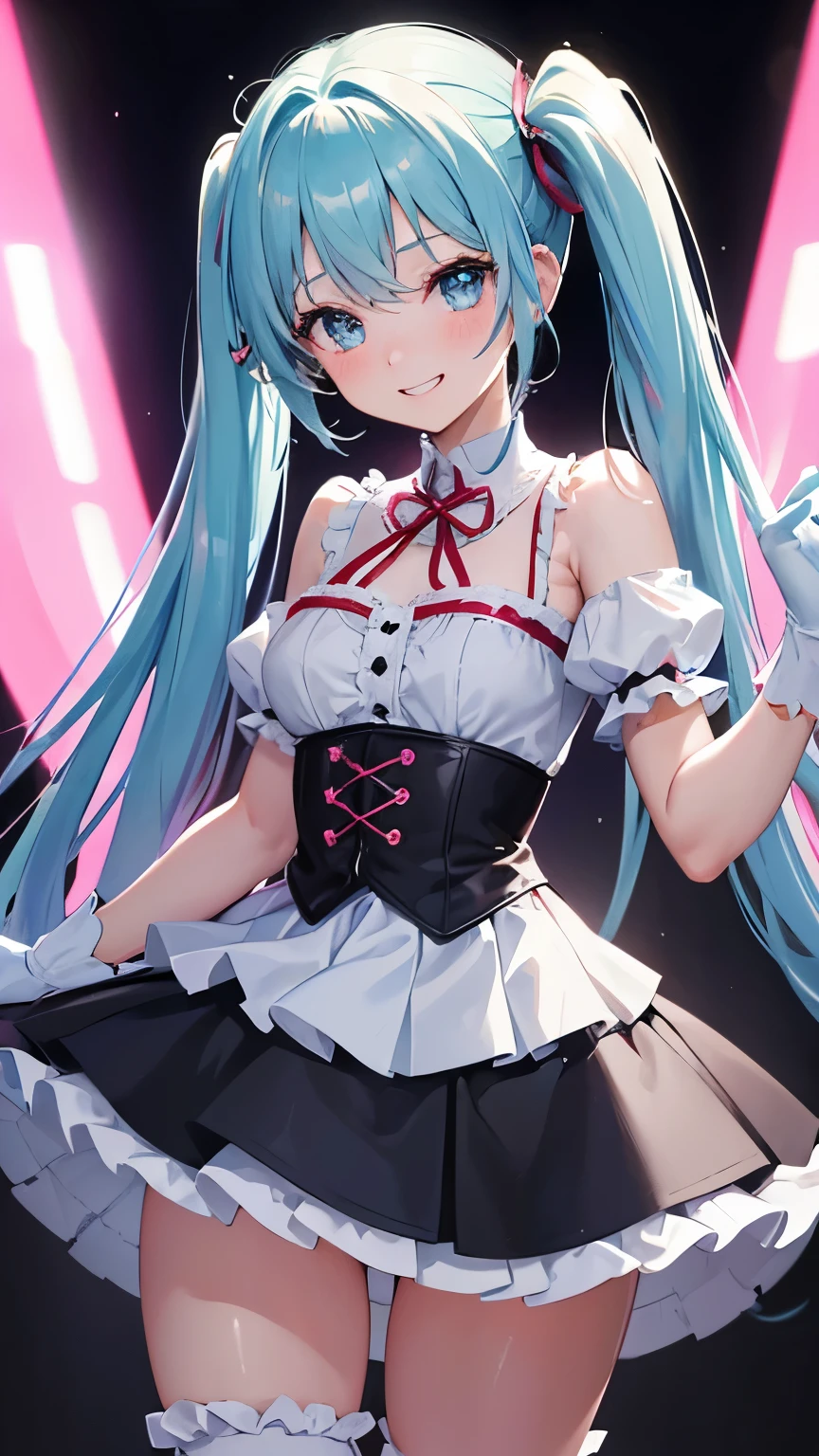 (((anime-style cute face)))、(((20-year-old woman))),(((Light blue twin tails have a lot of hair))),Highest quality, （（Sharp details））, (8k, RAW Photos, Highest quality, masterpiece), (looking at the camera),((((Cute Smile))))、Very big eyes、anatomically correct body、Big thighs、The face is bright、Professional Lighting、Cute little breasts、Put a tiny white top hat on your head、The frilly collar is pink and white、Red ribbon around the neck、The white inner shirt has cute frills、The black and blue leather jacket is fitted and open at the chest.、The flowy pleated mini skirt is lime green and black with separate, vibrant ruffles.、Shiny vertical striped knee-high socks in black and pink、Shiny white leather gloves、Shiny leather wristband in black、On the stage of the concert venue、Spotlights from all sides、Healthy female body、Erotic dance、（（Fit the whole body and hair on the screen））