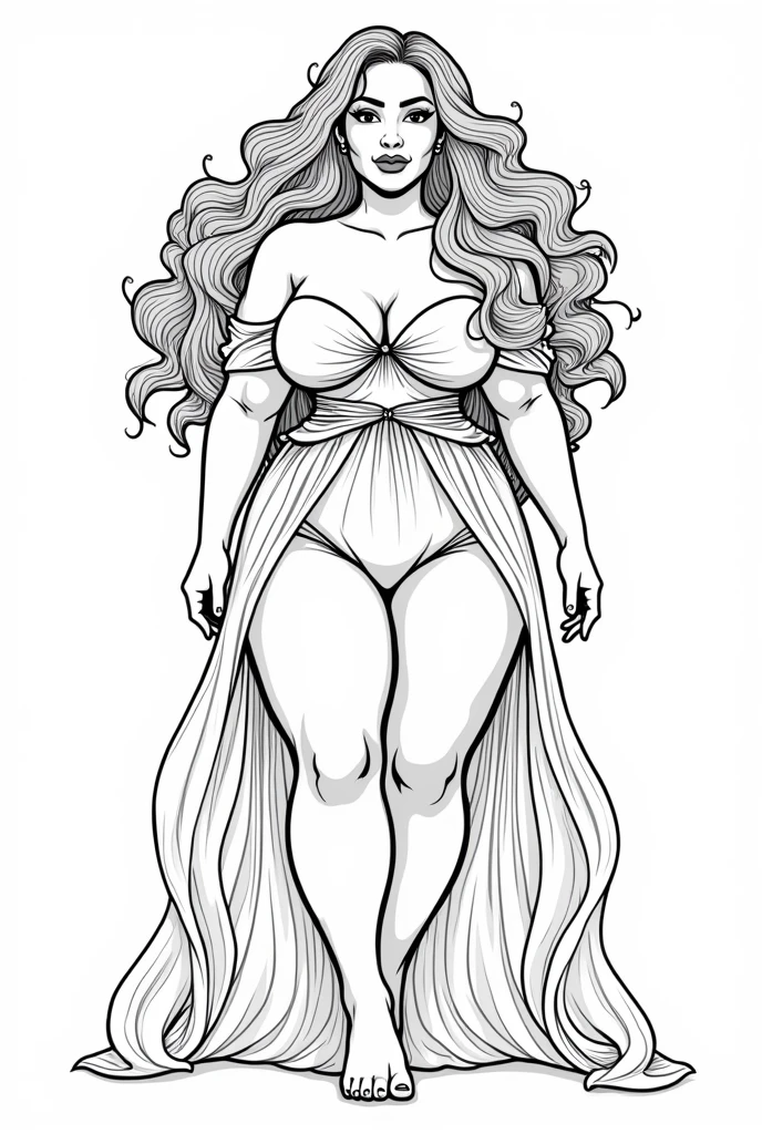 Plus size Black Women coloring page for adult, Fat Women patriot, floral long hair, coloring page, outline body, white skin, white body, no shadow, beauties parfect face and body, full body, floral elegant clothes, instead of fat, white background, white skin