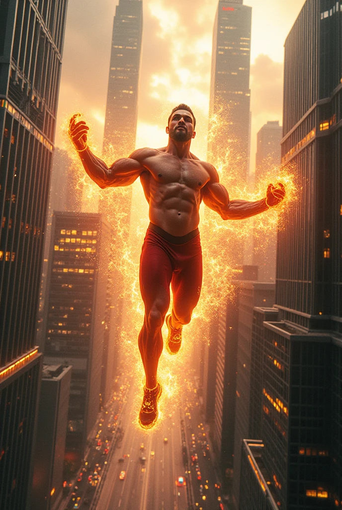 A man with cosmic plasma power's shirt less flying in modern city 