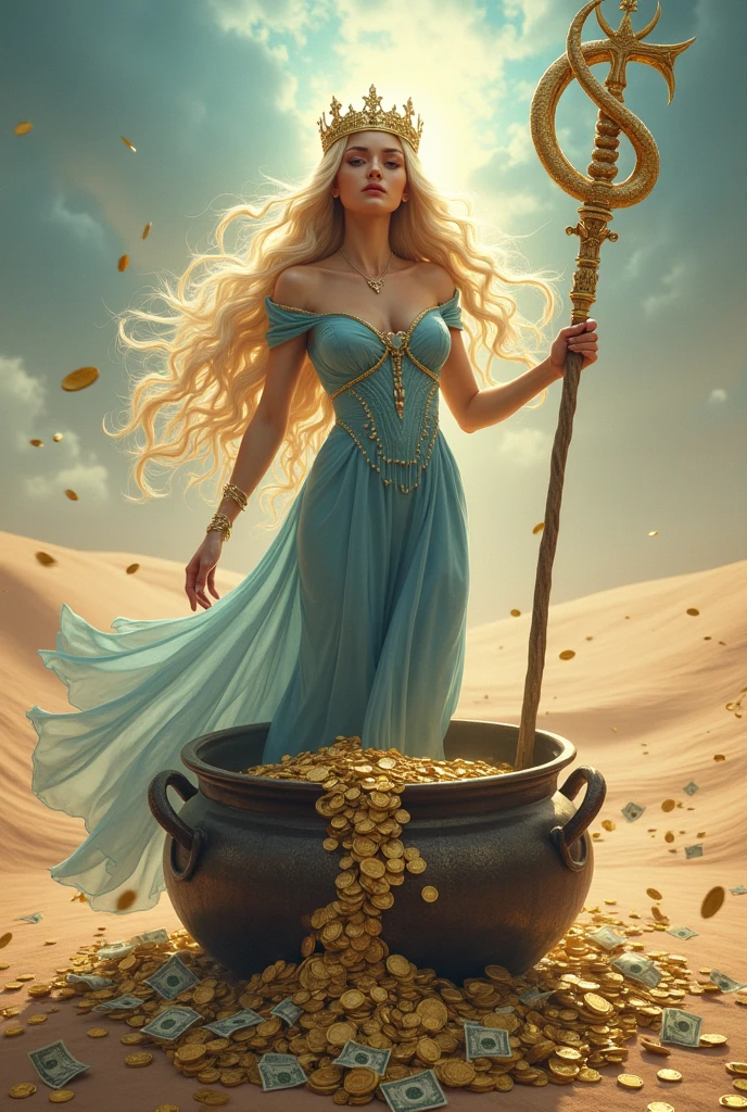 Infinity woman with blonde hair, blue dress and crown on her head with a snake-shaped staff in the desert full of coins and money bills and a large cauldron full of coins